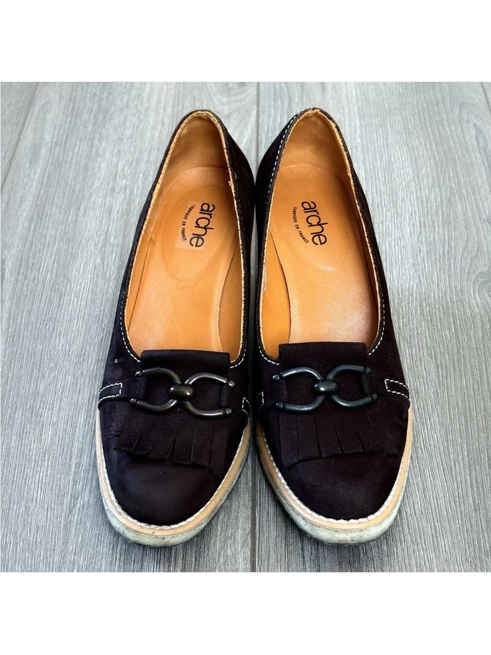 Arche Suede Wedge Loafers Sz 37.5 / 6.5 Chocolate Brown France Comfort Academia